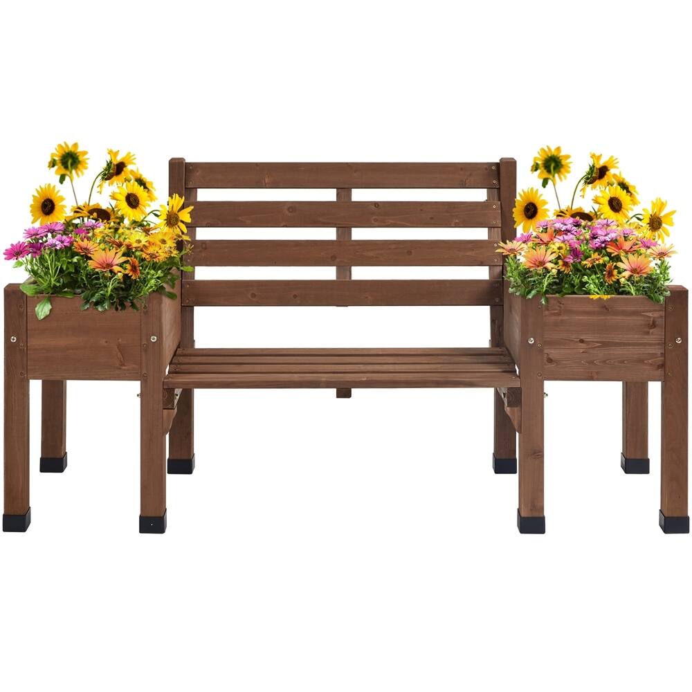 Yaheetech 2 in 1 Solid Wood Bench with Planters Double Garden Bench with Planting Boxes, Brown