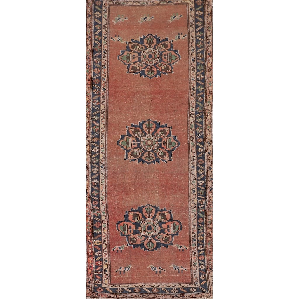 Geometric Hamedan Persian Vintage Runner Rug Hand-Knotted Wool Carpet - 3'5"x 9'11"