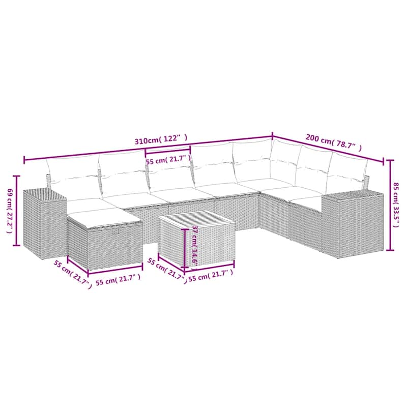 vidaXL Patio Sofa Set with Cushions Outdoor Furniture 9 Piece Poly Rattan - 24.4" x 24.4" x 27.2"