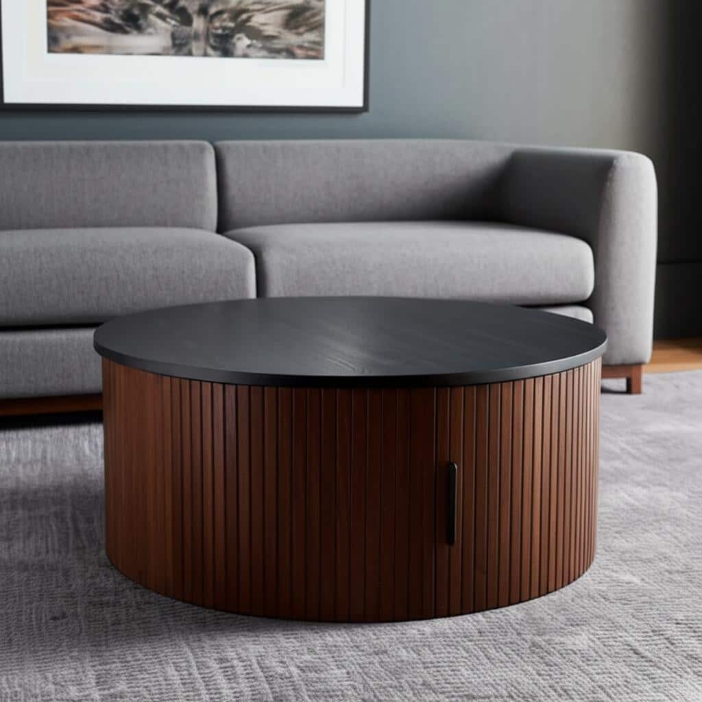 HomeRoots 32" Black and Walnut Wood Round Drum Coffee Table - 32.00 in. x 14.20 in. x 32.00 in.