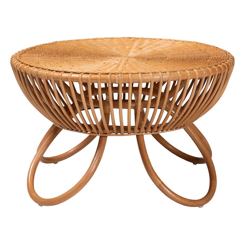 Abel Natural Rattan Coffee Table with Splayed Legs - Handcrafted Boho Accent Table, Light Honey
