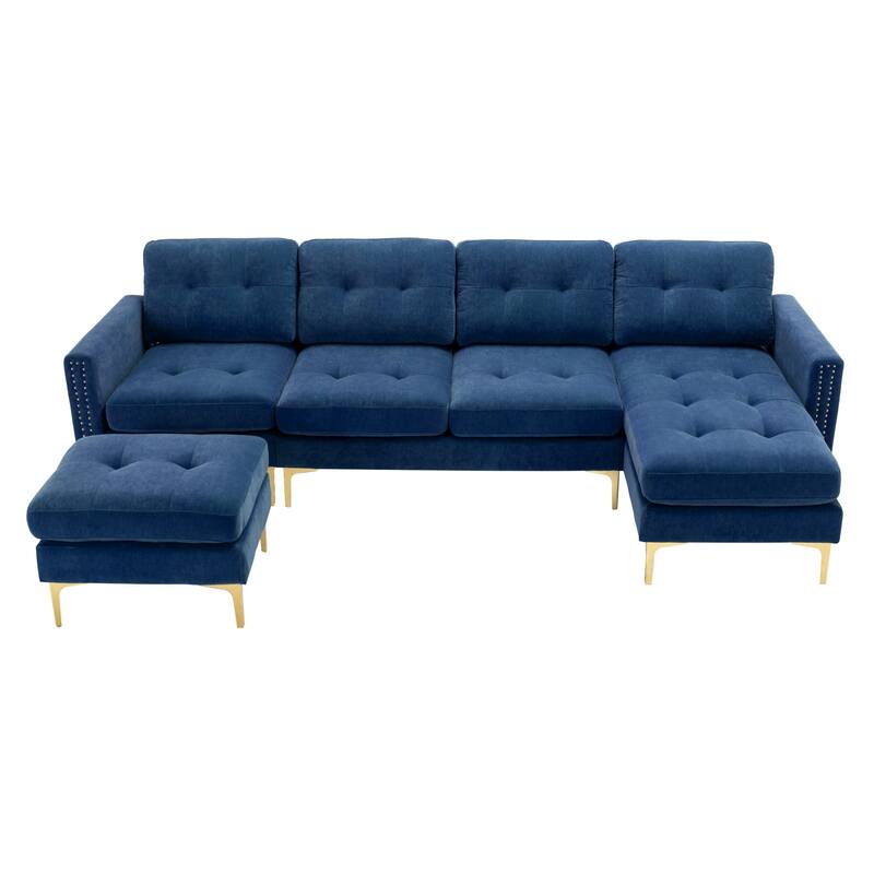L Shaped Convertible Sectional Sofa with Ottoman, Velvet Fabric 5 Seater Sofa, Upholstered Sofa with Chaise & Storage Pockets