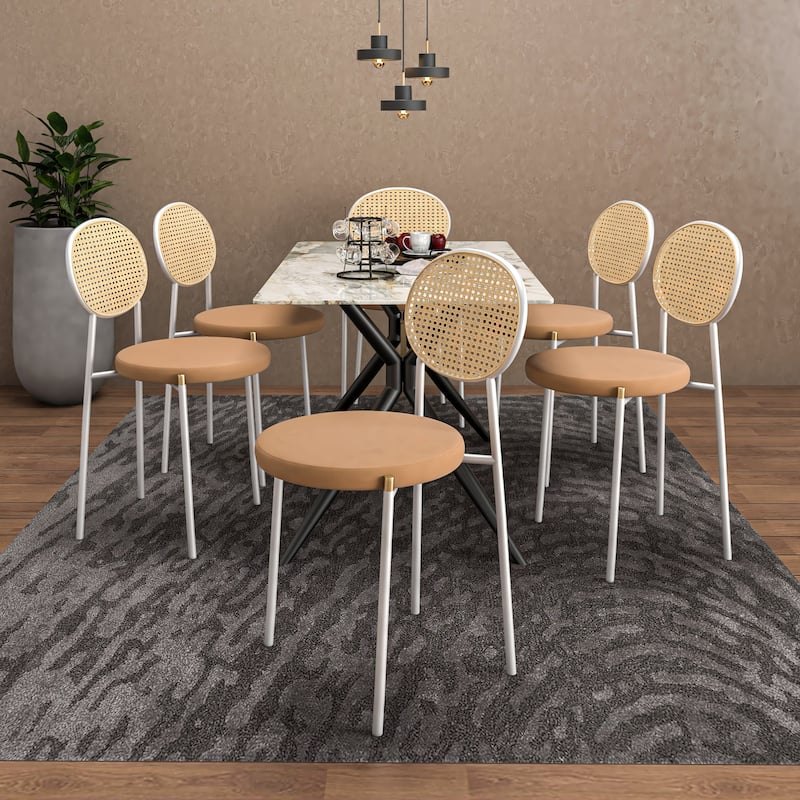 LeisureMod Euston Modern Dining Chair with Upholstered Velvet Seat - Wicker Back and White Stainless Steel Legs Accent Chair