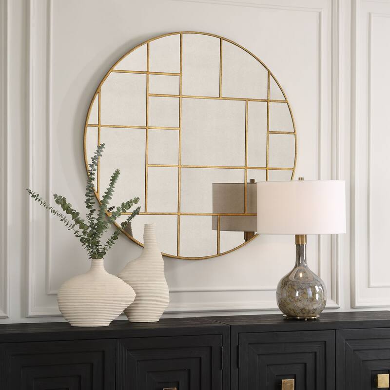 Geometric Grid Round Wall Mirror - 45" - Antiqued Gold Finish