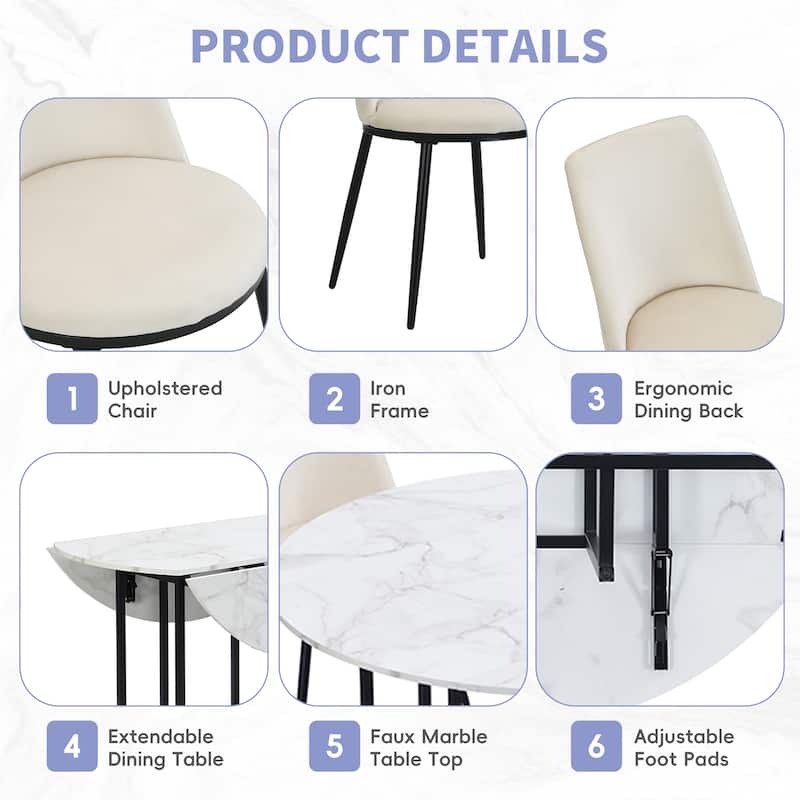 Modern Drop-Leaf 5-Piece Dining Set with Faux Marble Tabletop and Gold Metal Frame for Small Spaces