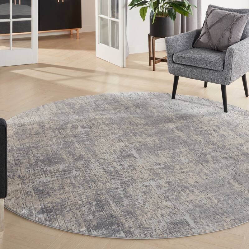 Rustic Textures Distressed Contemporary Abstract Area Rug - 7'10" Round - Ivory/Silver - Runner/Rectangle