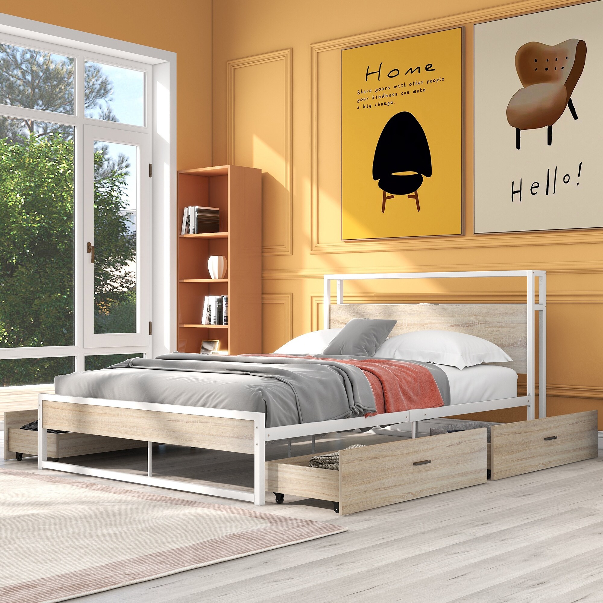 Queen Size Storage Bed with Sockets USB Ports Metal Platform