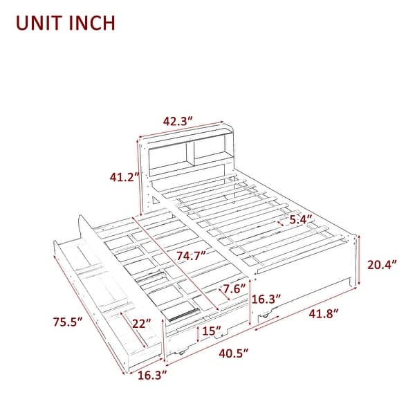 Espresso Platform Bed with Bookcase, Twin Trundle, Drawers