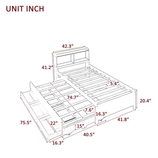 dimension image slide 0 of 2, Pine Platform Bed with Storage Headboard, Trundle, and Drawers