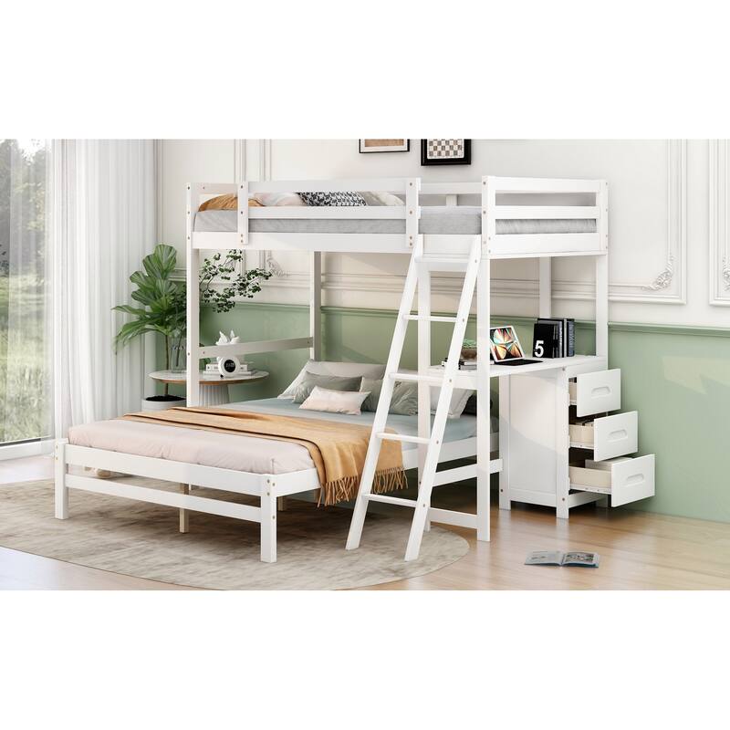 Twin Over Full Bunk Bed with Built-in Desk and Three Drawers, White
