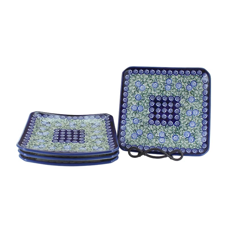 Blue Rose Polish Pottery 2040-4 Zaklady Sq Dessert Plate Set - Seaside Swirl