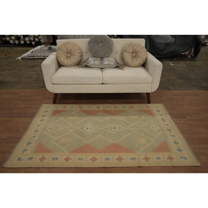 Hand Woven Oriental 100% Wool Carpet Southwestern Tribal Greys & Charcoal Kilim Area Rug - 5' 11'' X 4' 0''