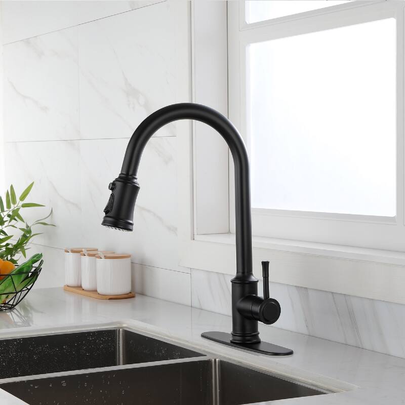 Single Handle Touch Kitchen Faucet with Pull Down Sprayer and Deckplate - 16.53 inch - Matte Black