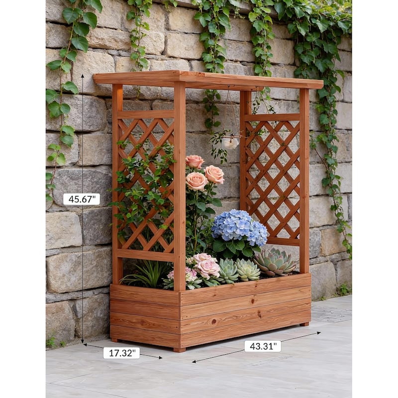 Raised Wooden Planter Box, with Trellis and Drainage Holes