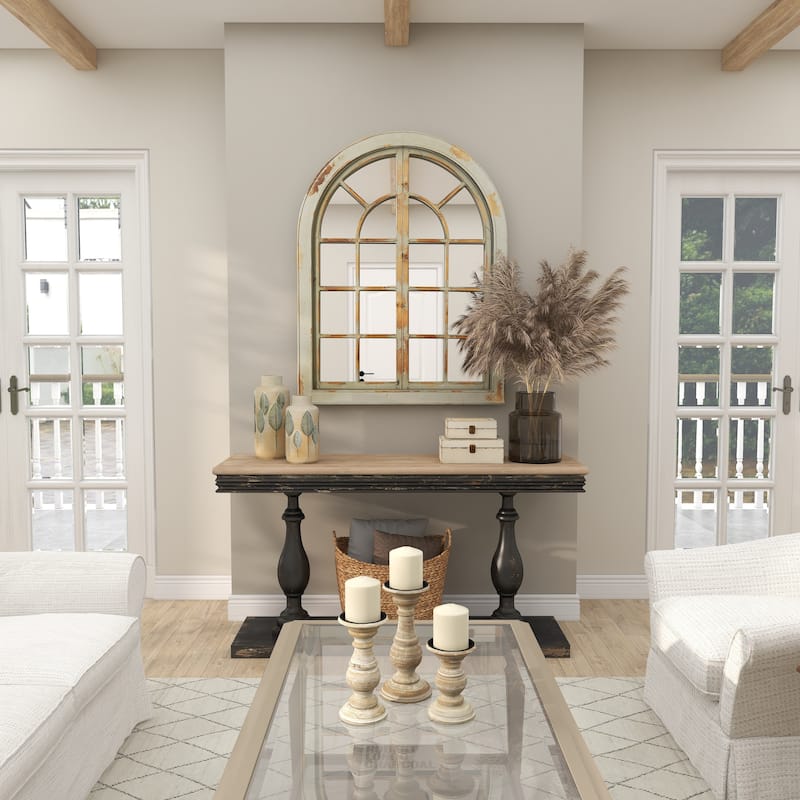 Gray Wood Window Pane Inspired Room Wall Mirror with Arched Top and Distressing