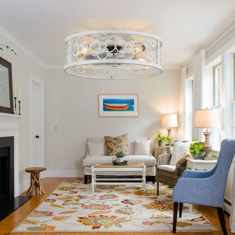 20" Flush Mount Caged Ceiling Fan with Light and Remote, Distressed White Metal 3-Speed Reversible Dc Motor
