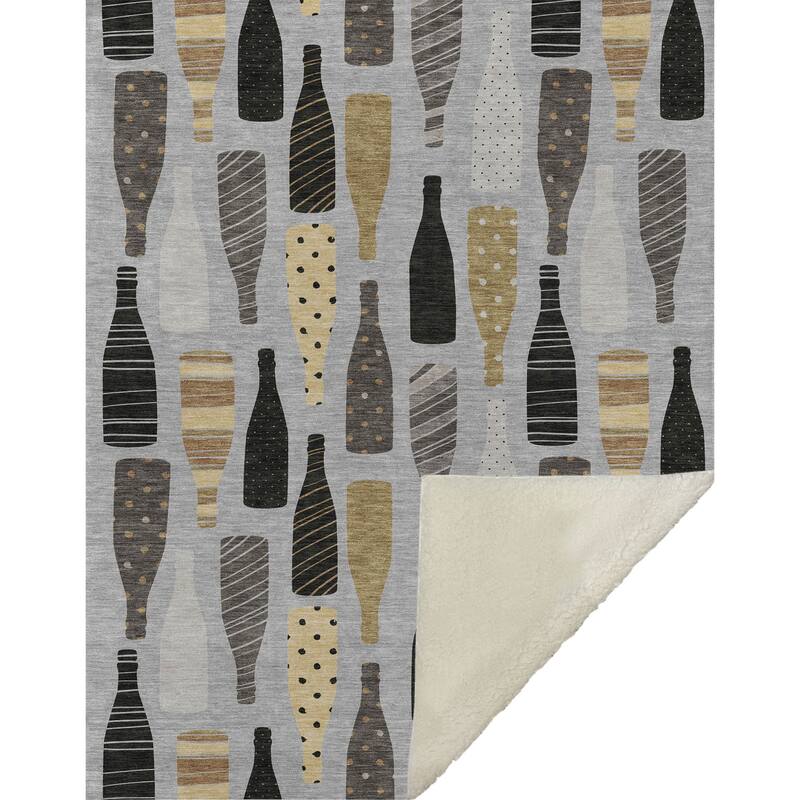 HomeRoots 50" X 70" Gray Black And Gold Champagne Bottle Stripe Microfiber Plush Throw Blanket