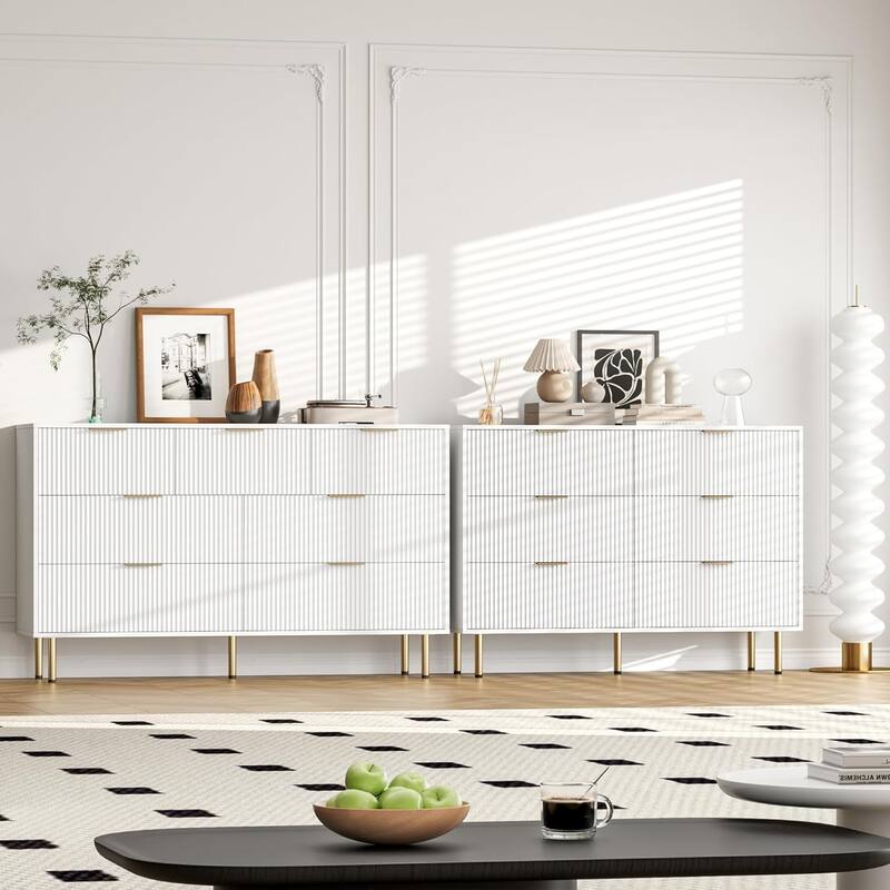 7 Drawer Dresser for Bedroom, Fluted Chest with Gold Handle, Wood Organizer for Closet, Living Room, Hallway