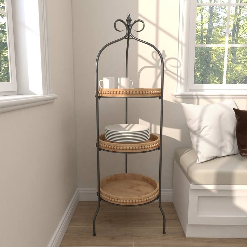 Brown Metal Arched Beaded 3 Shelves Shelving Unit with Scroll Top