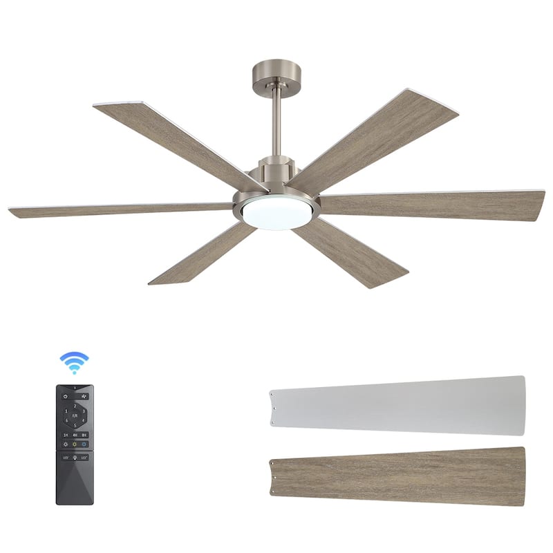 MLiAN Ceiling Fan 60inch Playwood Blades Remote Control 6-Speed DC with Integrated LED - 60'' - Sand Nickel + Silver/Driftwood
