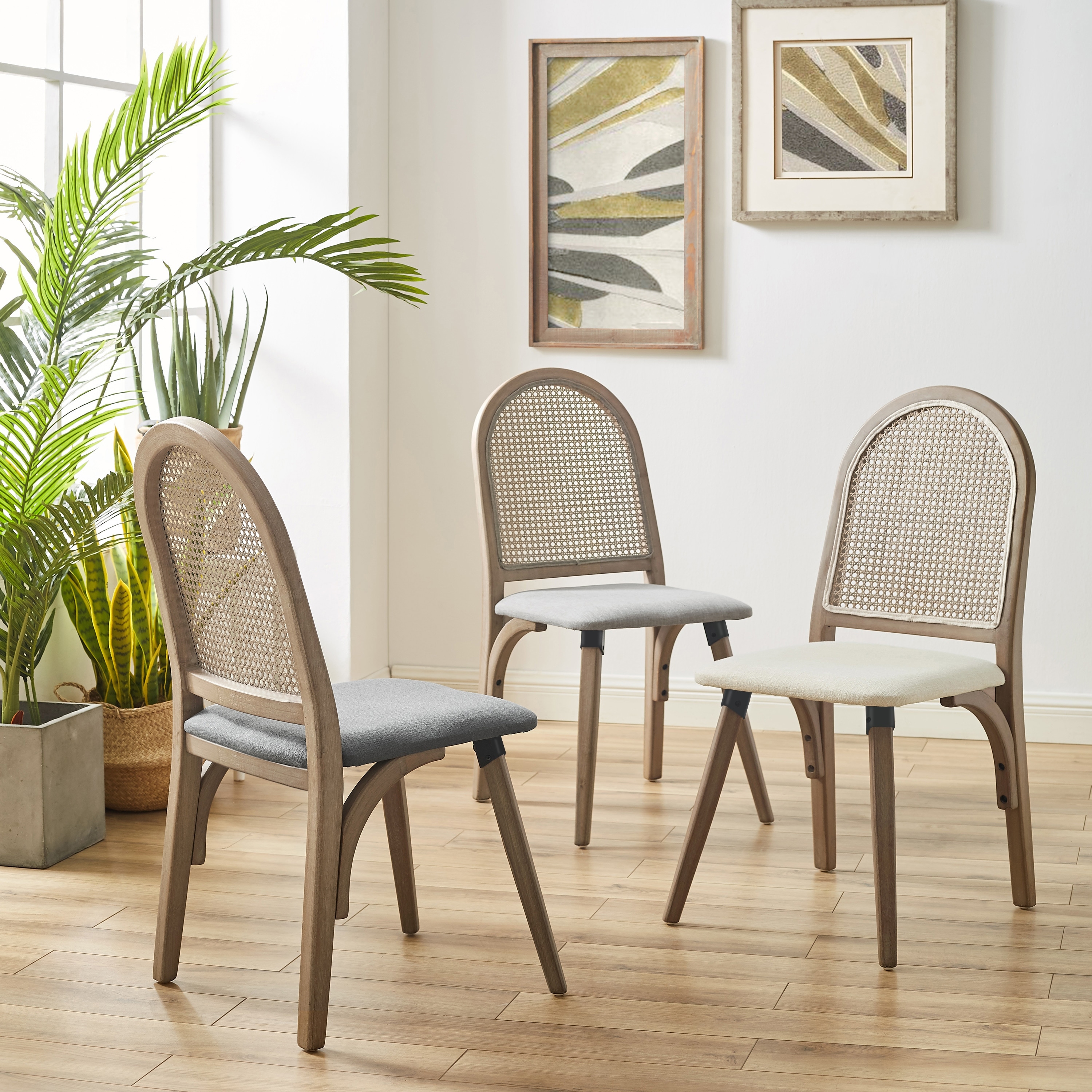 Details about   Urban Dining Chair Set Of 2 Rubber Wood And Fine Rattan Back Modern linen fabric 