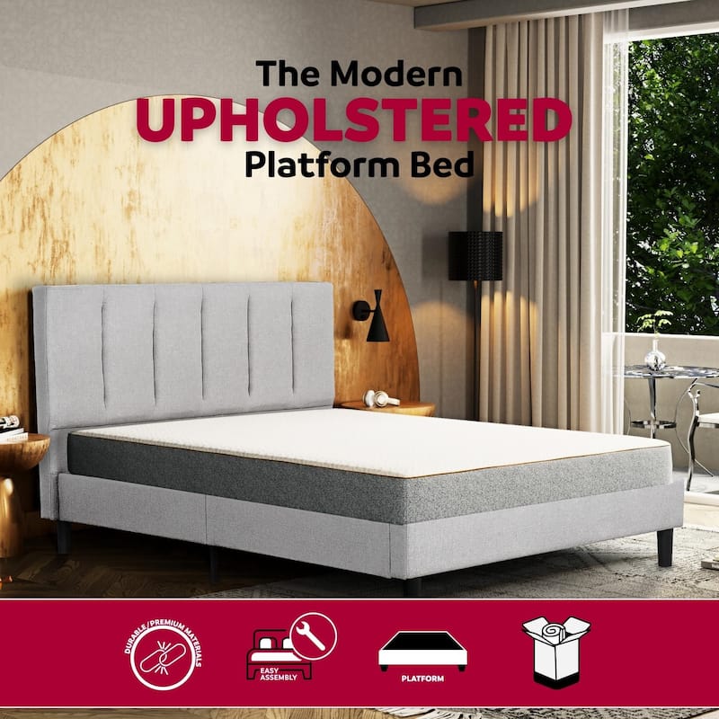 Full Size Upholstered Platform Bed with Tufted Headboard, Gray Fabric Frame
