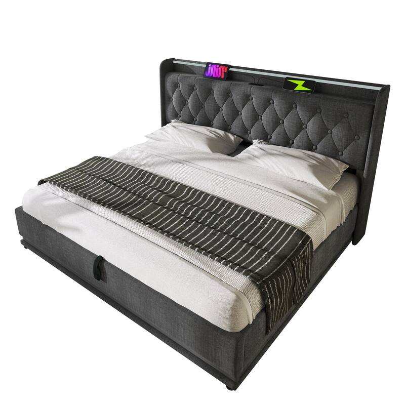 Gray King Size Upholstered Bed with LED Function and USB Charging