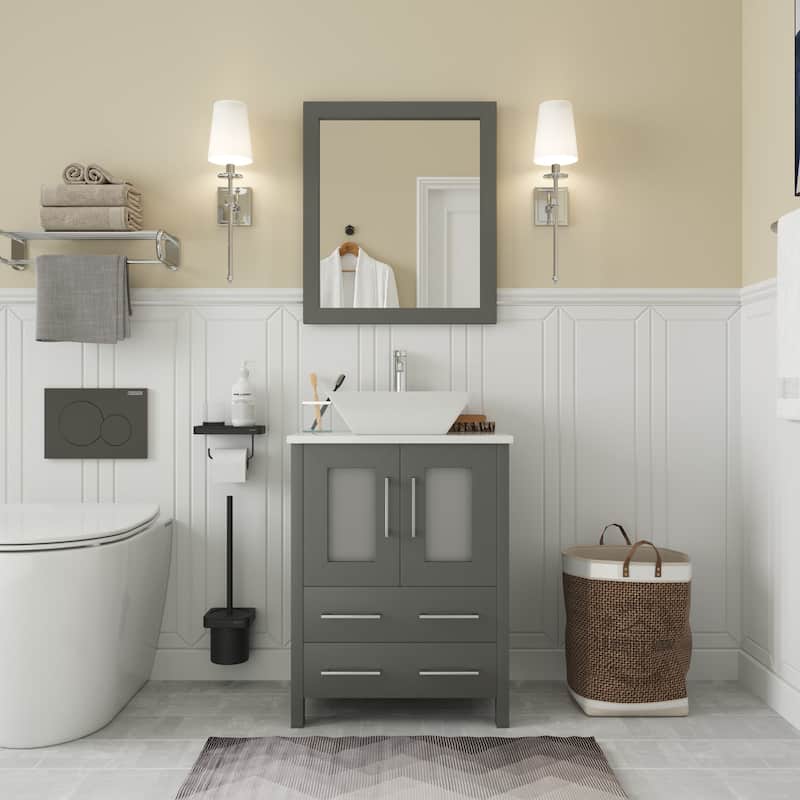 Vanity Art 24-inch Single Sink Bathroom Vanity Set With Engineered Marble Top and Free Mirror - Grey