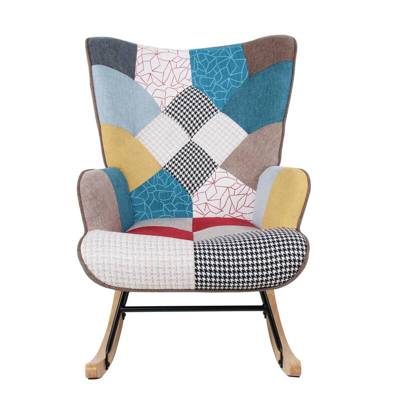Patchwork Linen Rocking Chair with ottoman Wood Legs