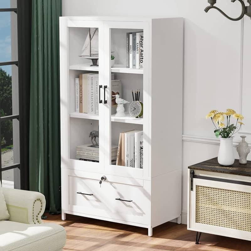 Large Combo Storage Cabinet Display Bookcase Glass Doors Pantry - Wood Finish - White