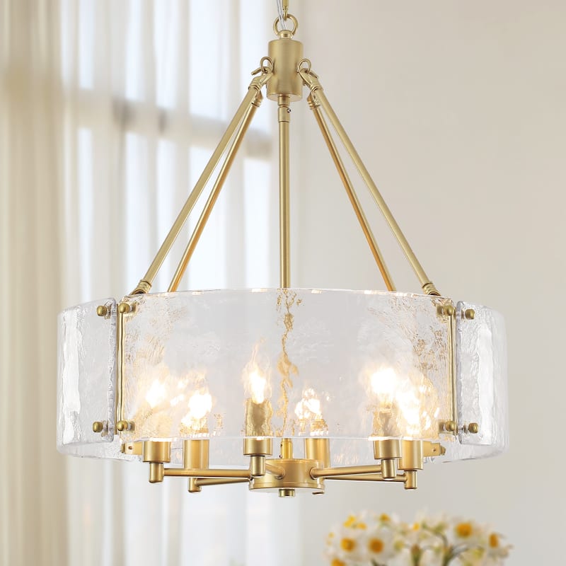 19.68 in. Modern 6-Light Dimmable Drum Candle Chandelier with Ripple Glass Shade