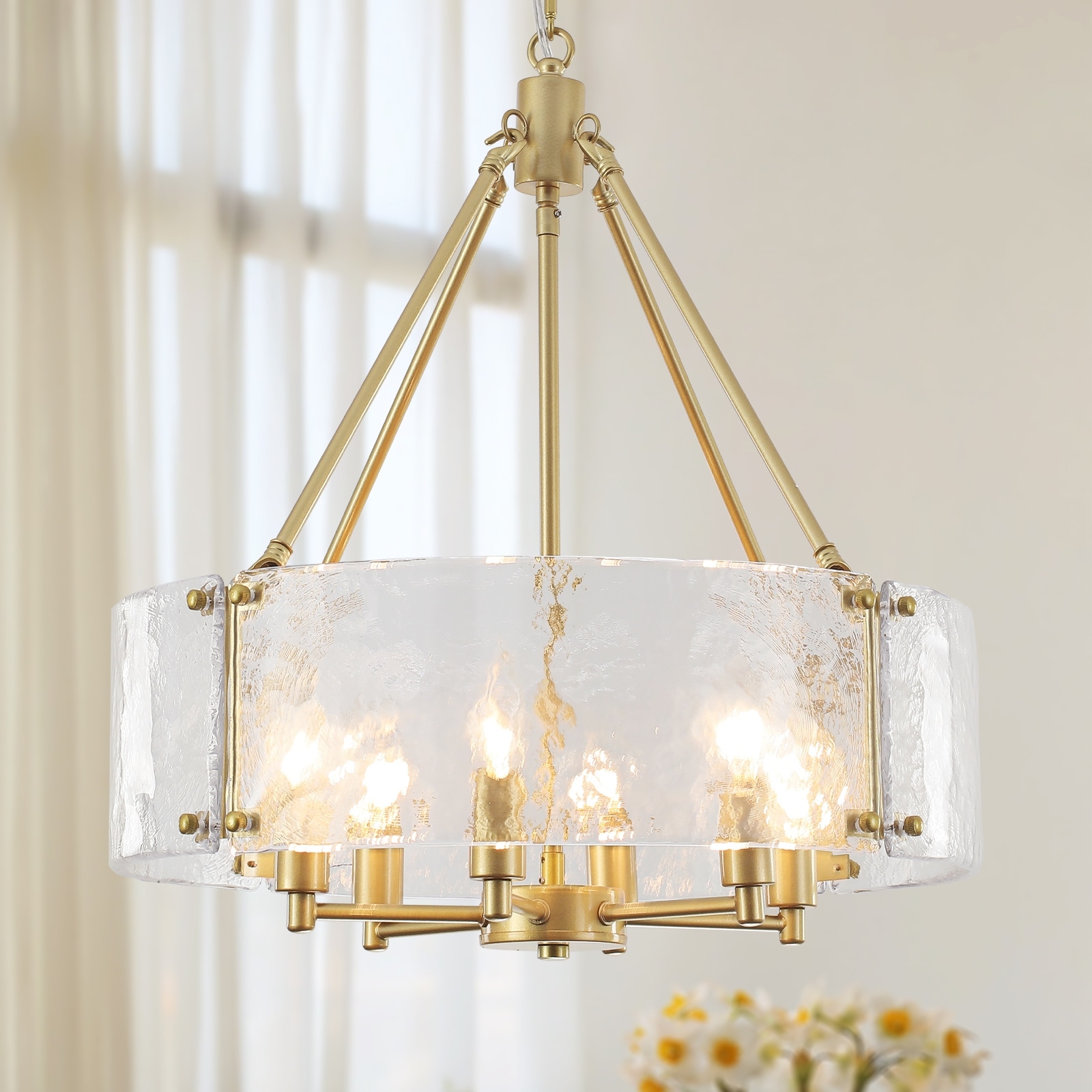 19.68 in. Modern 6-Light Dimmable Drum Candle Chandelier with Ripple Glass Shade