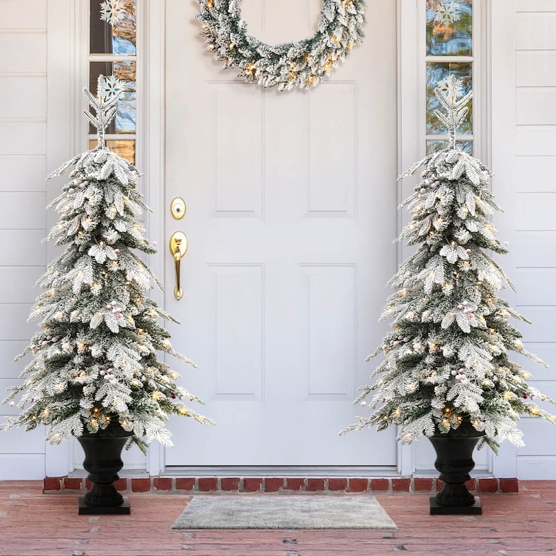 Glitzhome 4FT/5FT Pre-Lit Flocked Fir Artificial Christmas Potted Porch Trees - 5FT-2PK