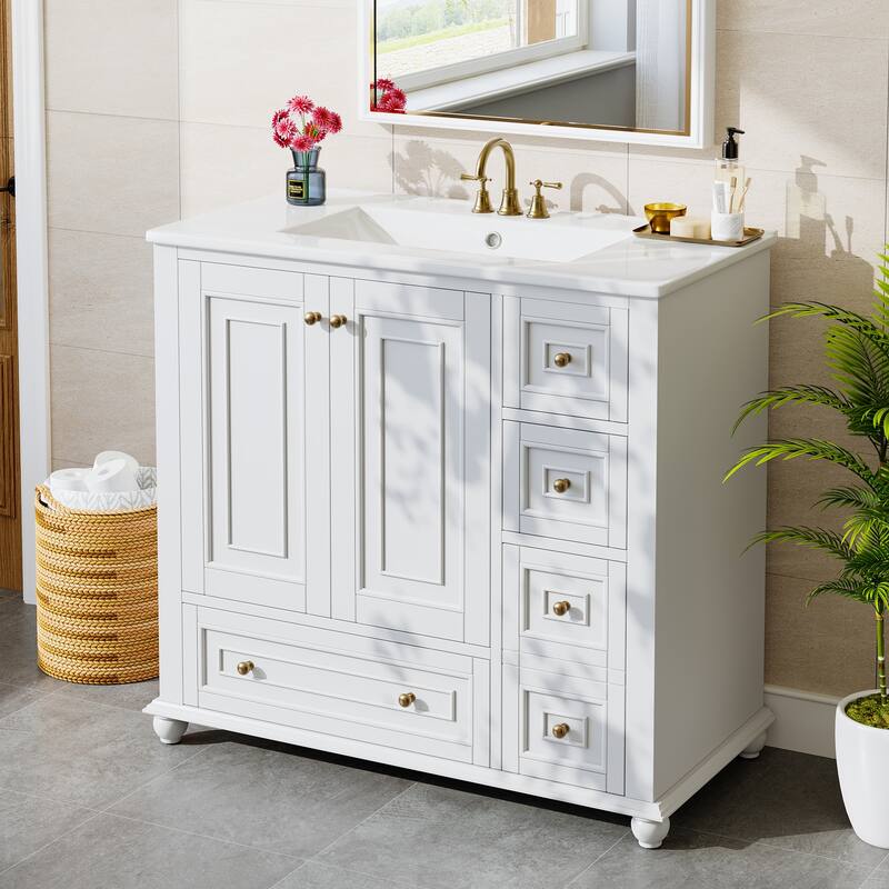 Modern Freestanding Solid Wood Bathroom Vanity with Ceramic Sink, Adjustable Shelf Storage