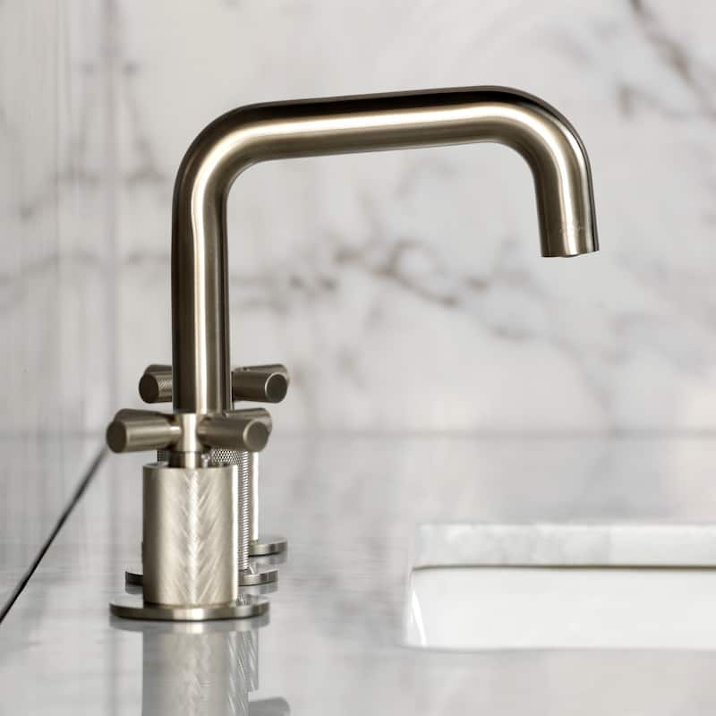 Kingston Brass Convergent Two-Handle 3-Hole Deck Mount Widespread Bathroom Faucet with Push Pop-Up Drain