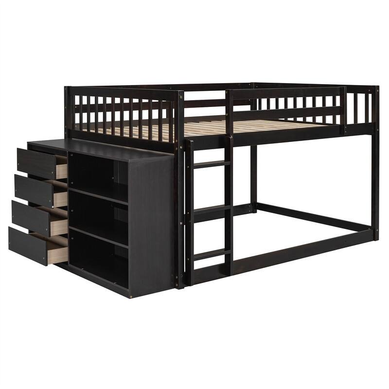 Twin Over Twin/Full Over Full Floor Bunk Bed with Drawers and 3 Storage Shelves, Solid Wood Low Bunk Bed Frame with Ladder