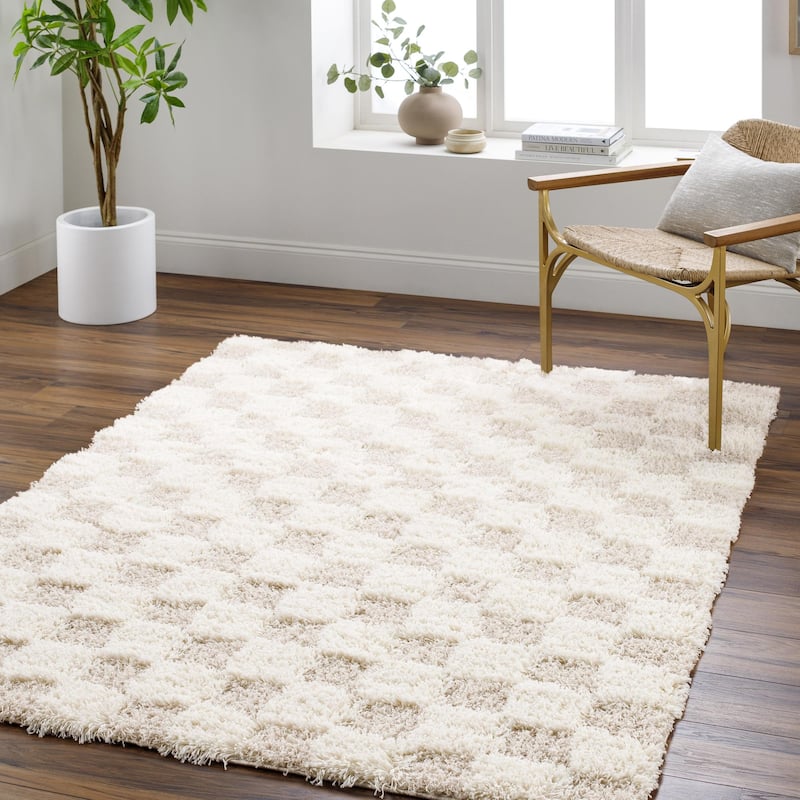 Livabliss Sibari Modern Checkered Plush Area Rug - 2' 7" x 7' 3" - Cream/Light Beige