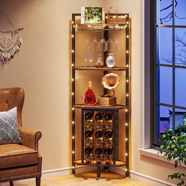 Industrial 4 Tier Corner Wine Rack with Glass Holder Corner Bar - On Sale -  Bed Bath & Beyond - 36519565