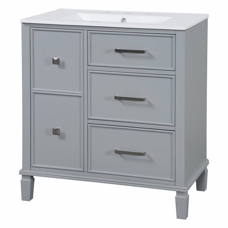 30" Bathroom Vanity with Ceramic Sink, Flip-Out Plumbing Drawer, Soft Close Doors & Drawers
