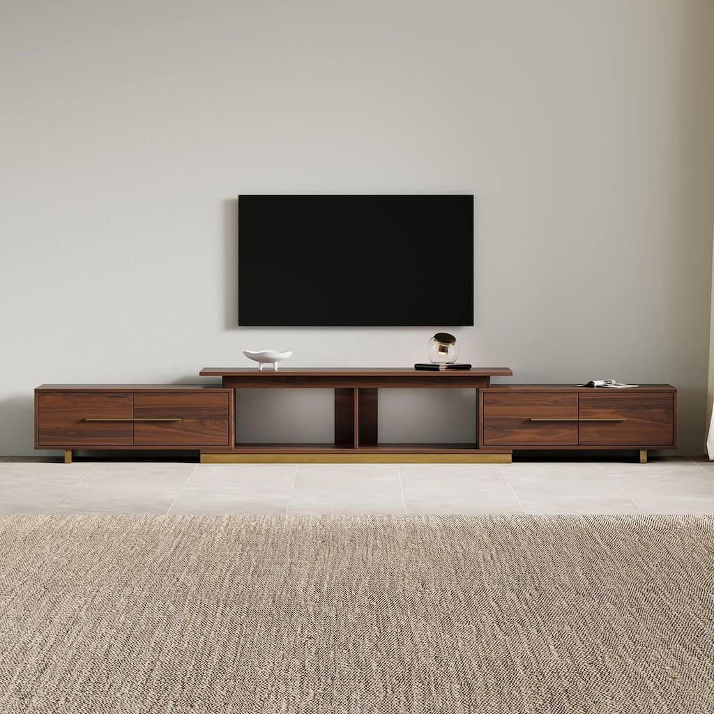 Modern Stainless Steel TV Cabinet with Drawers Expandable Storage Entertainment Center for 100“ TV, Walnut ( 63.4 ”w-94.5 "w)