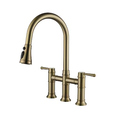 Double Handle Bridge Kitchen Faucet with 3-Function Pull-Down Spray Head