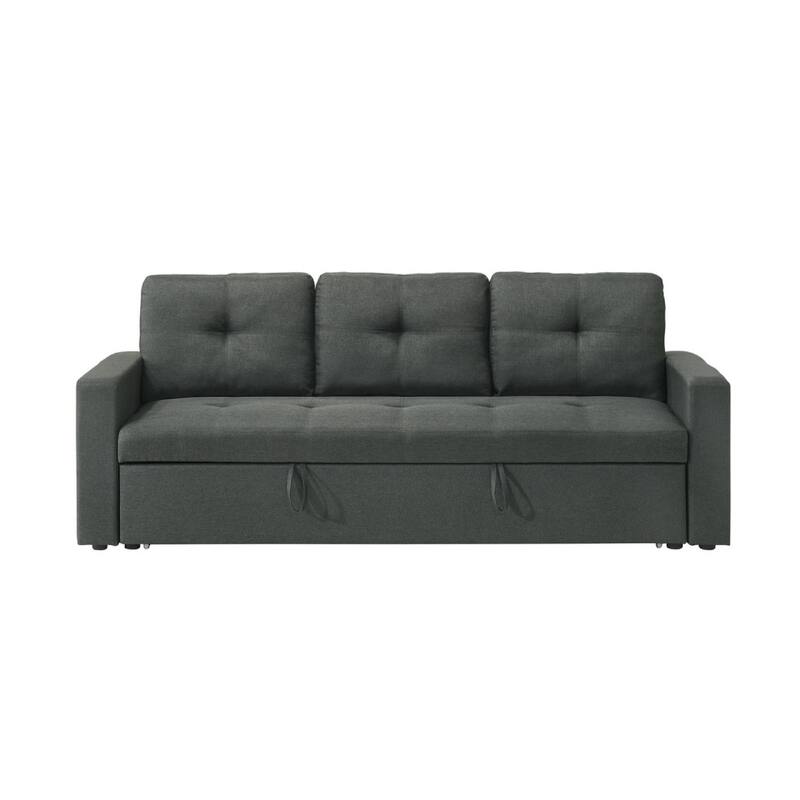 Biry Pull Out Sleeper Sofa Bed, Tufted Cushions, Dark Gray Fabric