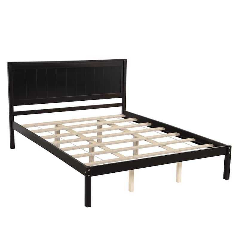 Queen Espresso Platform Bed Frame with Headboard, Wood Slat Support, No Box Spring Needed