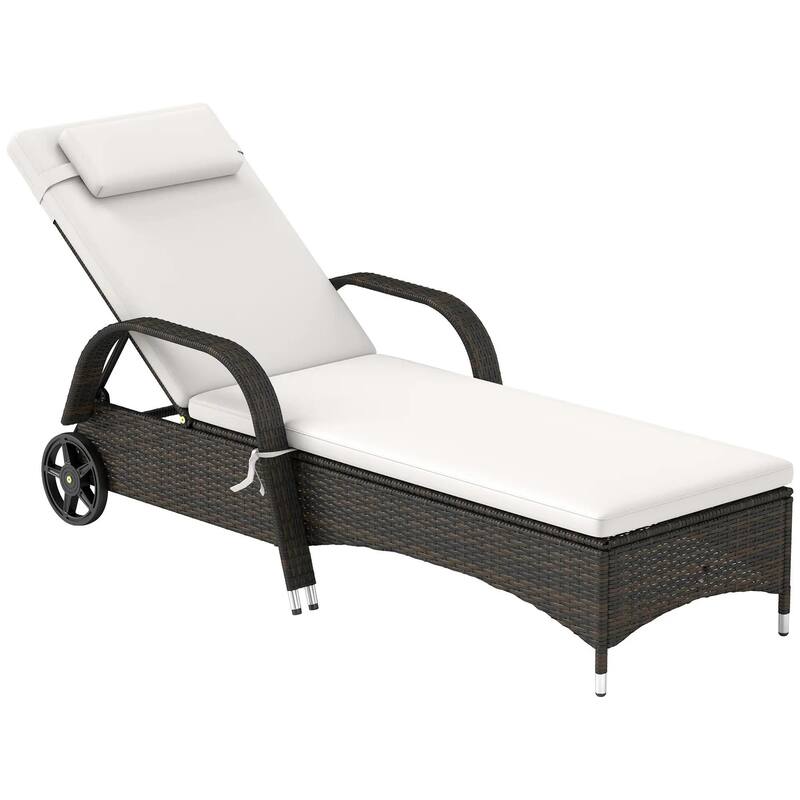 Outdoor Rattan Chaise Lounge,5 Level,Recliner,Wheels,Cushion,Headrest
