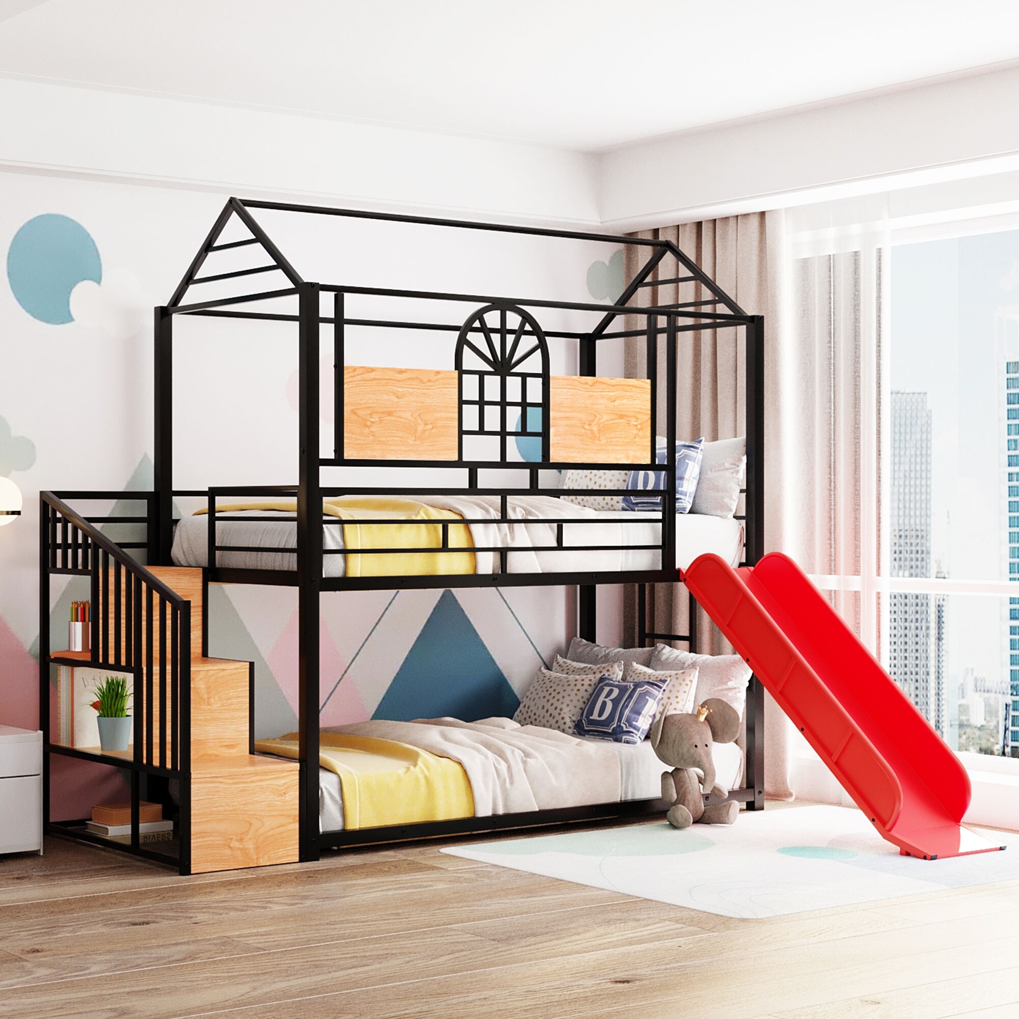 Twin Over Twin Floor Bunk Beds with Storage Stairs Metal Frame House Bunk Bed w Slide Roof Guardrails for Girls Boys Black Bed Bath Beyond 38937452