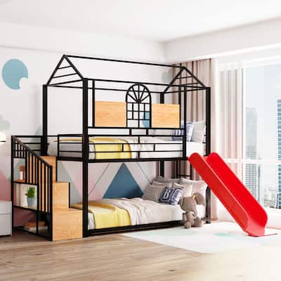 Twin Over Twin Metal Bunk Bed, Metal Housebed with Slide and Storage Stair, Black with Red Slide