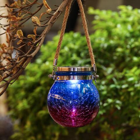 Blue and Red Crackle Glass Solar Outdoor Hanging and Table Lantern