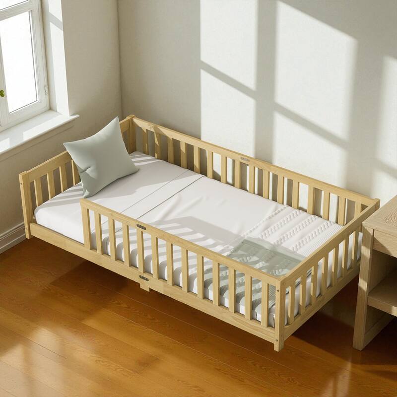 Twin Size Wooden Floor Bed with Fence, Solid Rubber Wood Montessori Bed Frame with Safety Guardrails for Kids