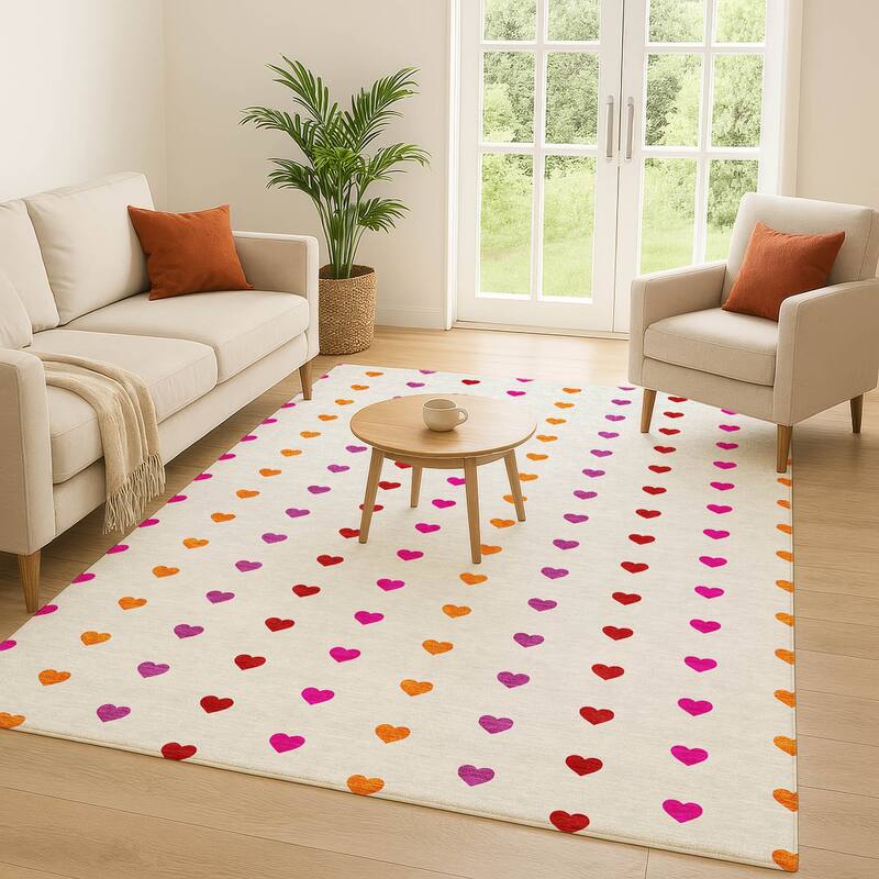 Machine Washable Indoor/ Outdoor Modern Hearts Chantille Rug