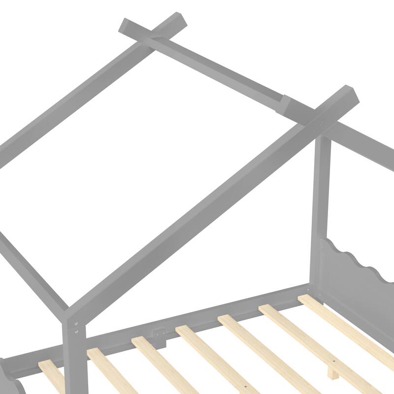 Full House Floor Bed with Support Slats, Solid Wood House Bed Frame for Kids, No Box Spring Needed